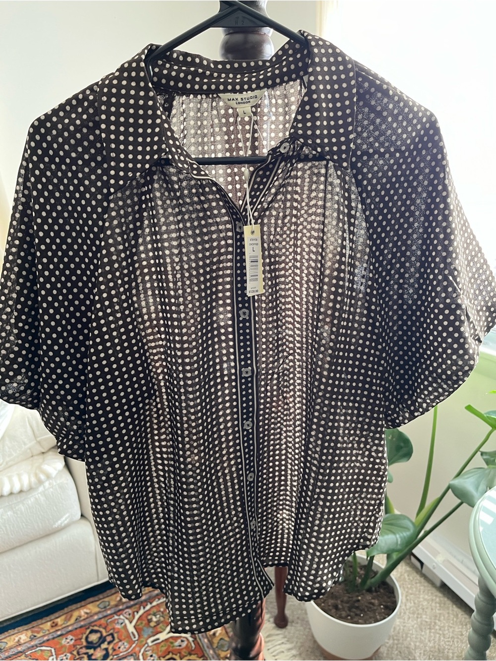 Max Studio Brown Polka Dot Sheer Button-Front Top NWT